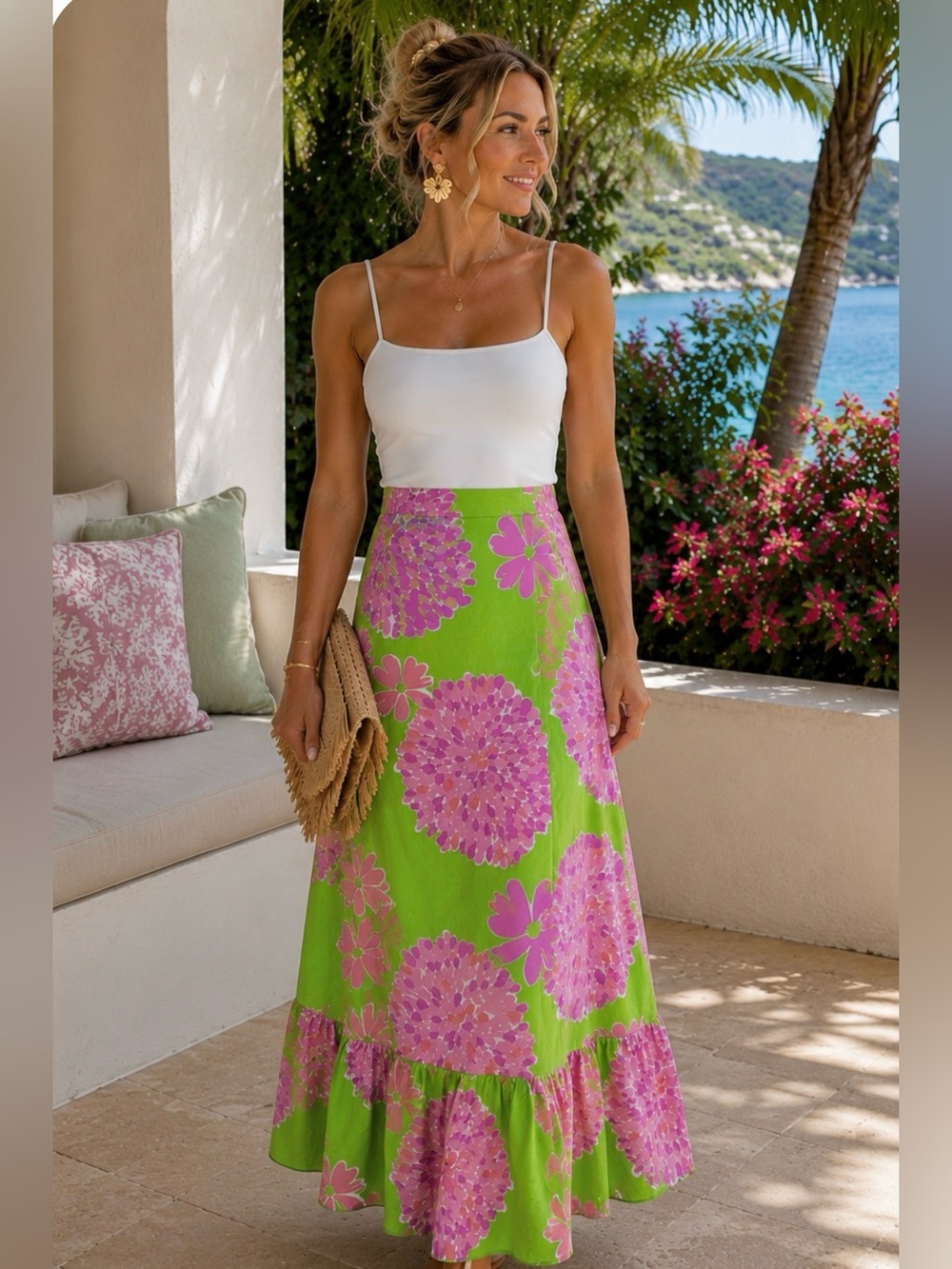 Vintage Lilly Pulitzer Floral Ruffle Maxi Skirt - Pink Hydrangea Size 10